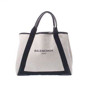 BALENCIAGA Navy Blue Cabas White Black Canvas Leather Tote Bag by